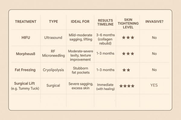 Table showing the comparisons of Skin tightening Sunbury treatment options.